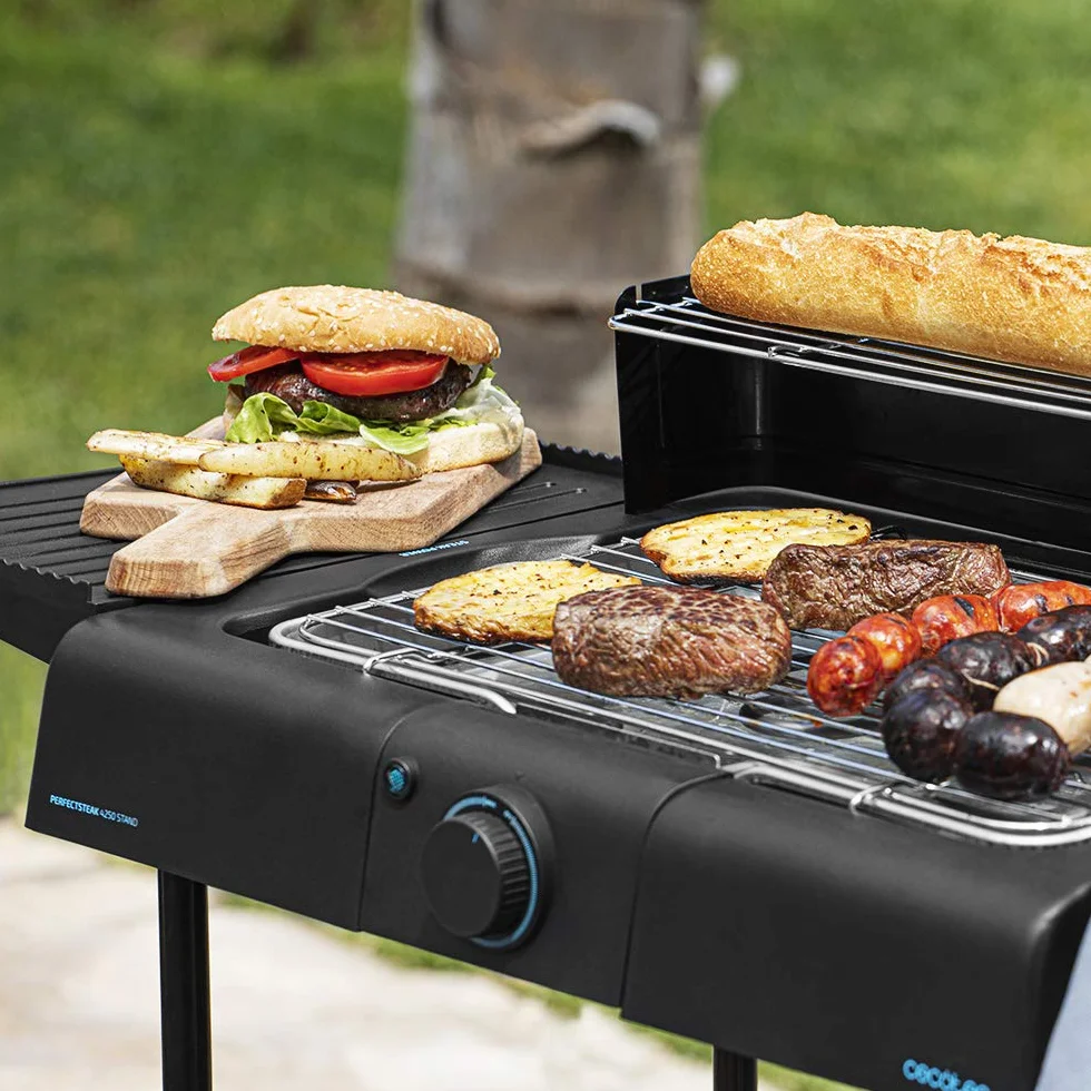Cecotec Barbacoa eléctrica PerfectSteak 4250 Stand con 2400 W, Parrilla de Acero Inoxidable, Soportes con Gran Superficie, 3 Niveles de Altura y Panel Cortavientos, Acero Inoxidable, PerfectSteak