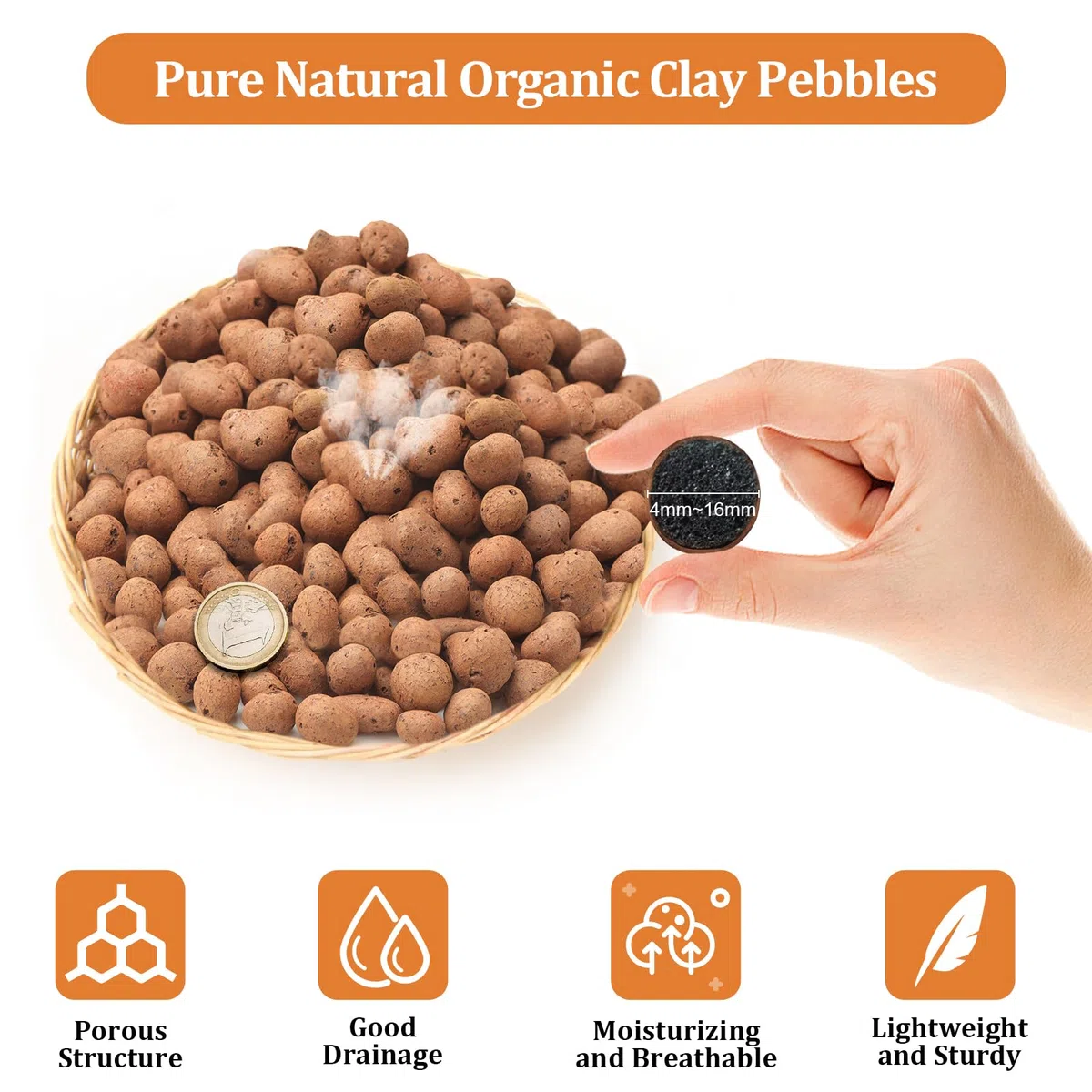 Riare Guijarros de arcilla leca orgánica de 10 libras para plantas, bolas de arcilla natural de Leca de 4 mm a 16 mm, guijarros de arcilla hidropónica ligeros para plantas de interior, cultivo