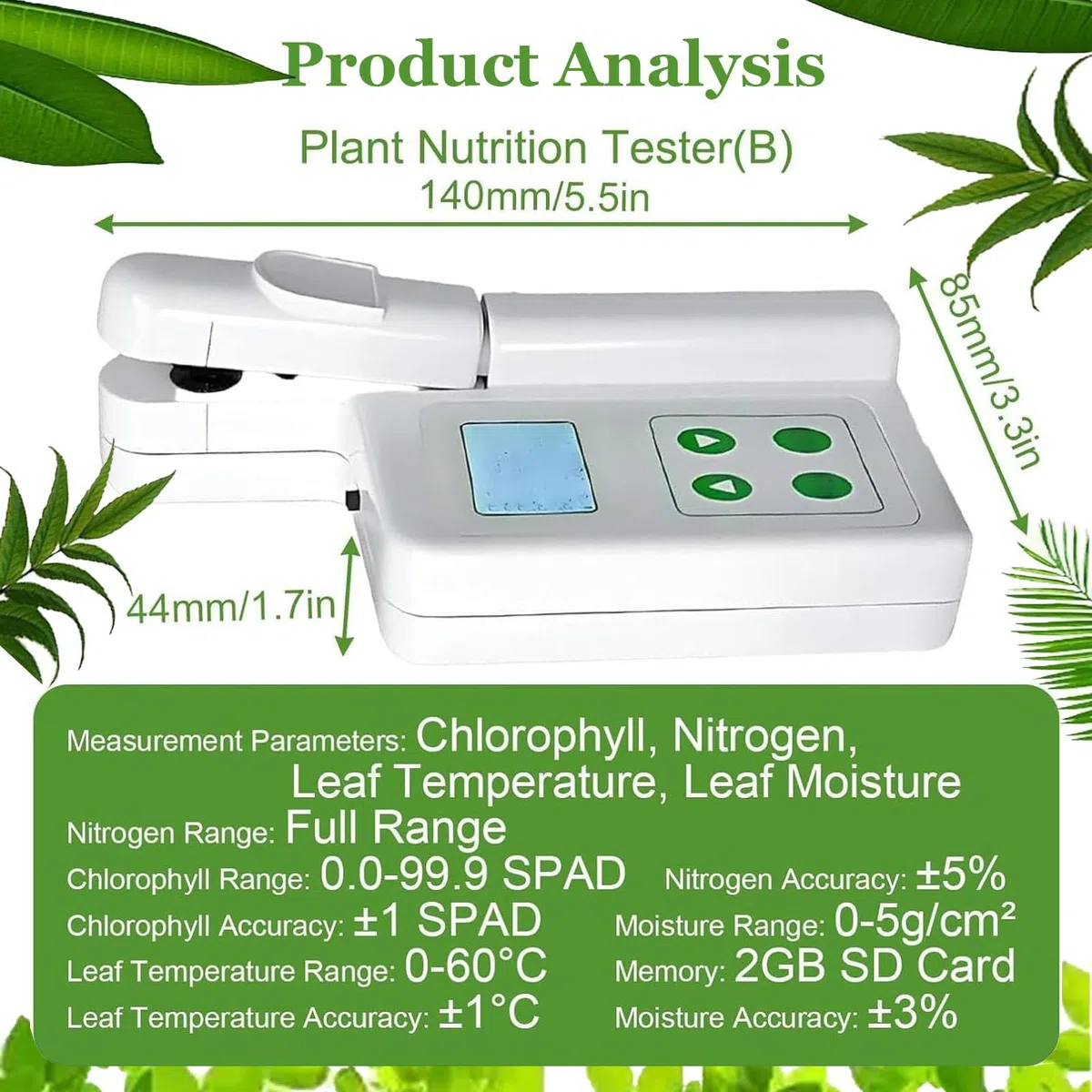 Medidor portátil de clorofila con SPAD y análisis de nitrógeno: comprobador portátil de clorofila, nitrógeno, Temperatura y Humedad, 2000 mAh, para Agricultores y científicos. B