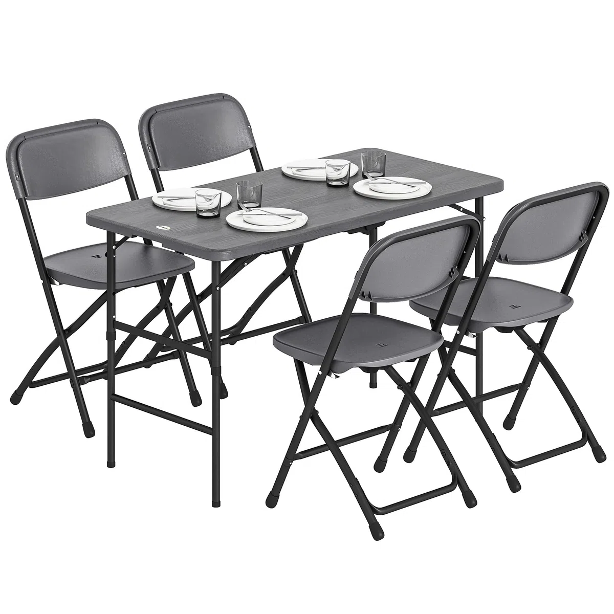 Outsunny Conjunto de Mesa y Sillas Jardín de 5 Piezas, Muebles de Jardín Exterior con Mesa Plegable Ajustable de 55 a 74 cm, 4 Sillas Plegables y Encimera de HDPE, para Terraza Patio, Gris Oscuro