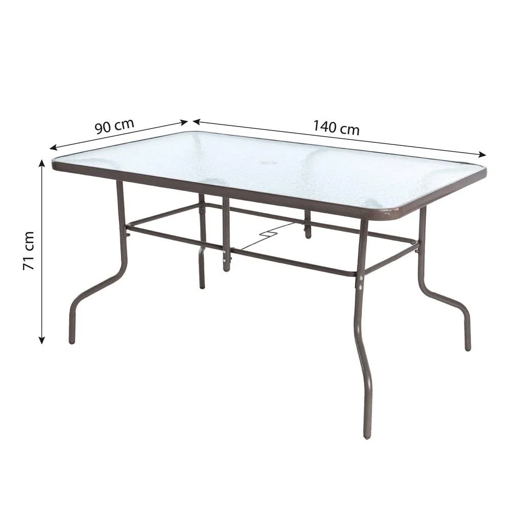 MONTY Conjunto Exterior | Mesa 140 cm de Acero y Cristal Templado + 4 Sillas de Textileno Antracita | Resistente: Pintura anticorrosión, Tela Doble | Transpirables, Apliables | Classic