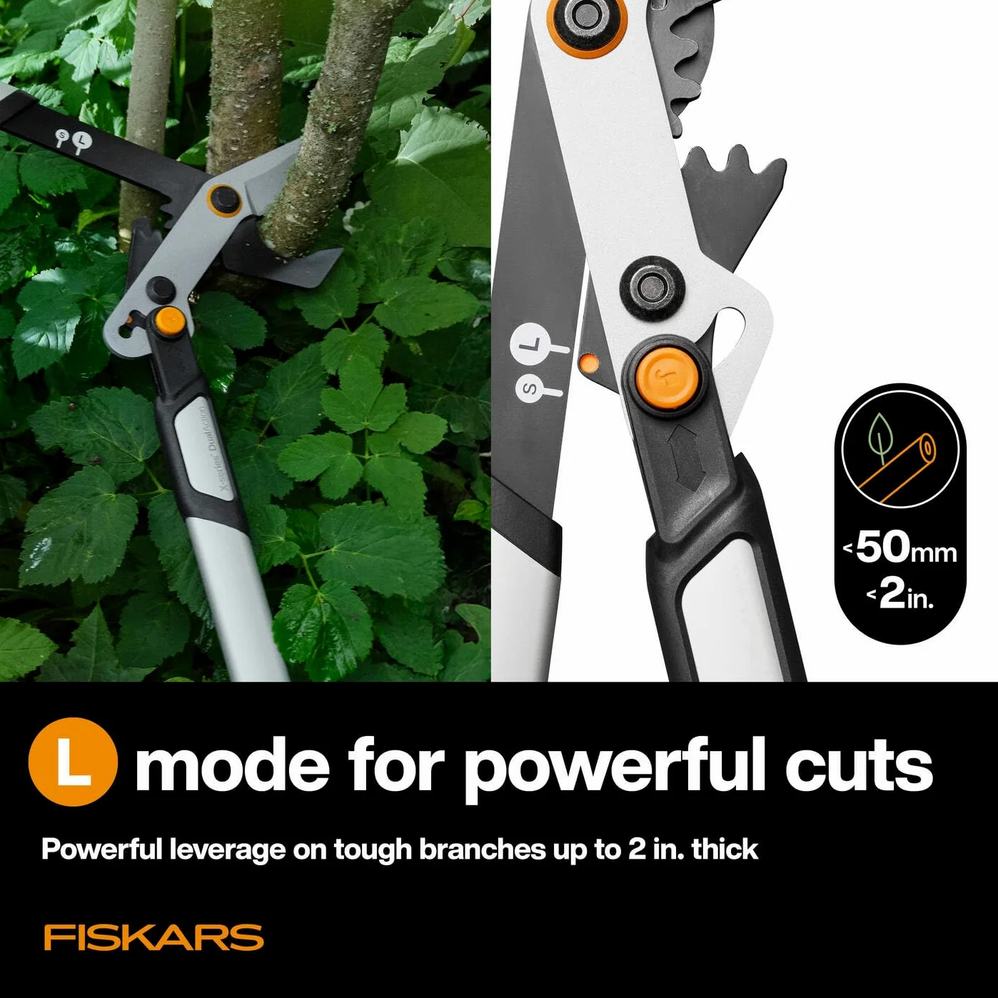 Fiskars X-series DualAction Tijeras de podar Bypass LX108, 2en1 para cortes rápidos o potentes, Cuchillas de acero antiadherente/Mangos ligeros de aluminio con SoftGrip, Negro/Naranja, 1080133