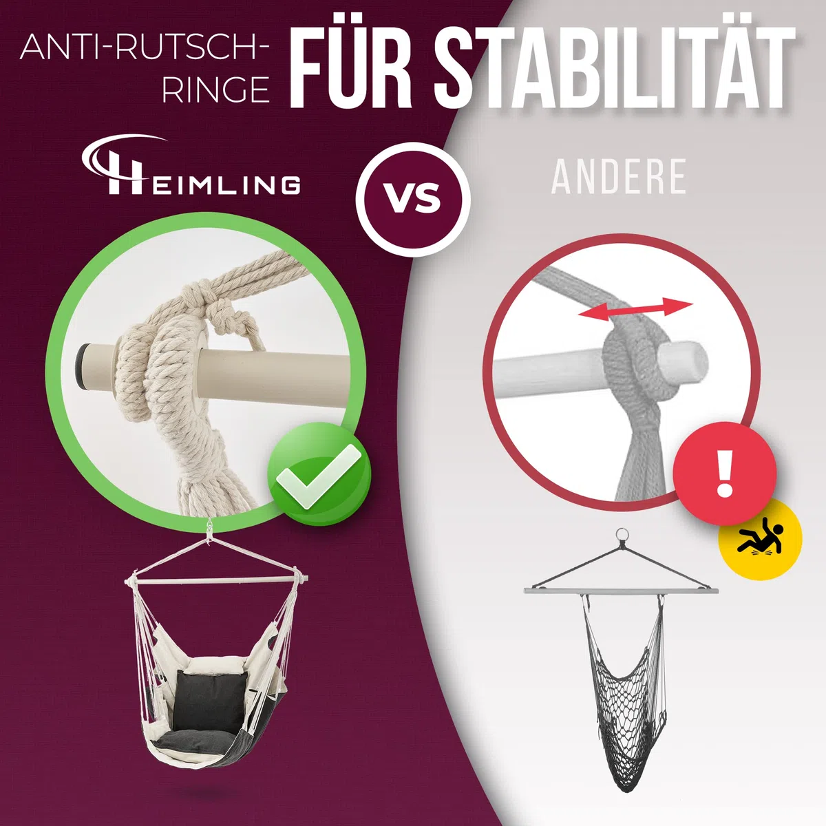 HEIMLING Silla colgante de alta clase para exteriores e interiores XXL [todo incluido paquete con suspensión + 3 cojines] Silla colgante para niños y adultos hasta 150 kg, balcón, terraza