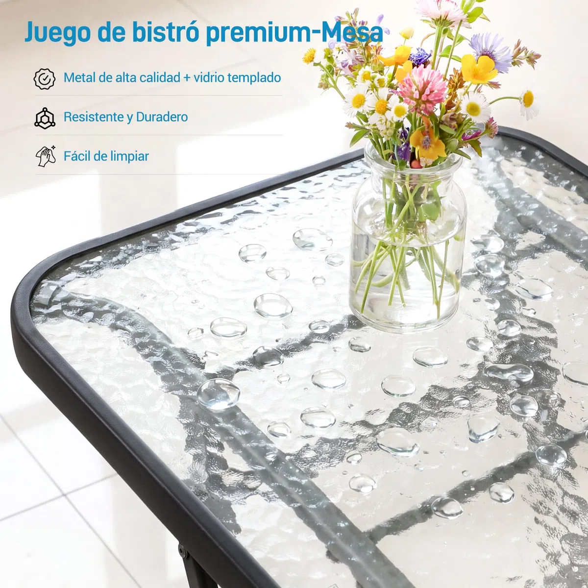 LIFERUN Juego de Muebles de Balcón Plegable, 3 Piezas, Resistente a la Intemperie, con Tablero de Cristal y Sillas de Textileno, 1 Mesa Plegable con 2 Sillas Plegables, Negro