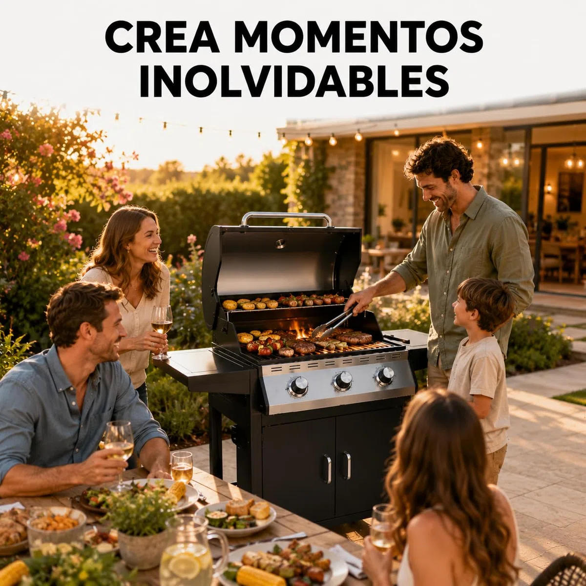 Barbacoa de gas 3 fuegos con tapa y termómetro integrado – Parrillas resistentes, ventilación lateral, mesas laterales plegables, estructura robusta – Barbacoa exterior