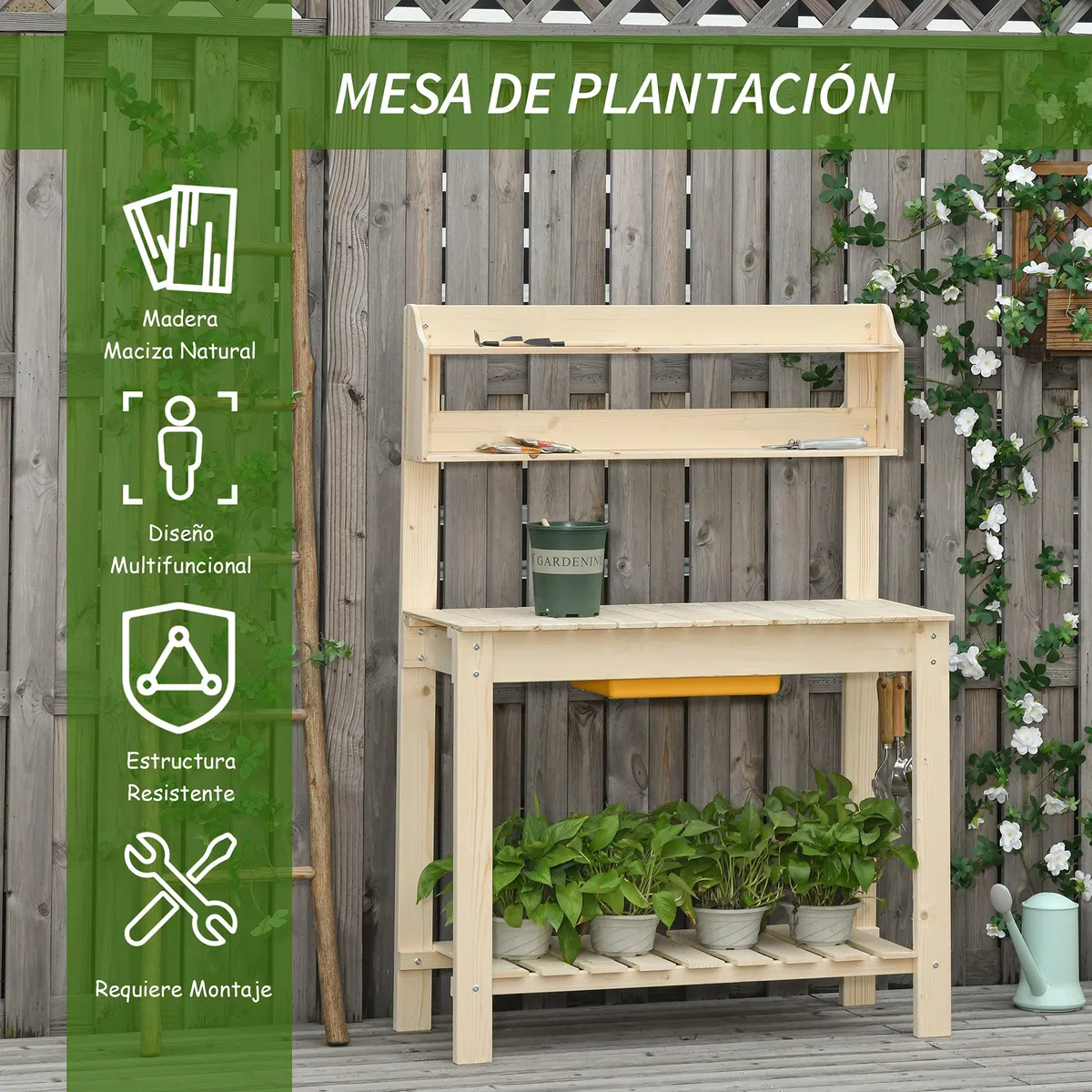 Outsunny Mesa de Plantación de Madera Mesa para Macetas Mesa de Trabajo con Tablero Deslizante 3 Estantes Ganchos Jardín Patio Garaje 100x40x140 cm Natural