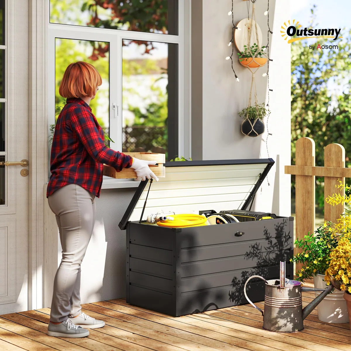 Outsunny Arcón Exterior Capacidad 311L Baúl de Almacenaje de Acero con Cerradura Llave Pistones Neumáticos para Jardín Terraza Patio 120x62x62 cm Gris Oscuro