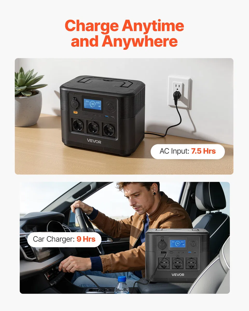 VEVOR Estación de Energía Portátil 1800 W, Generador de Energía Batería de Respaldo LiFePO4 1008 WH, con 8 Puertos de Salida para Hogar, Campamentos, Viajes en Autocaravana, Panel Solar No Incluido