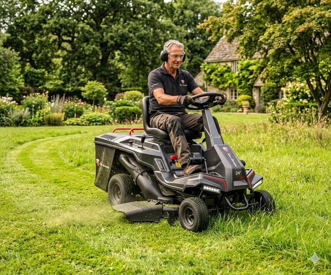 by Tonino Lamborghini GM - Tractor Cortacésped Minirider de Gasolina 224cc, 6hp, Ancho de Corte 61cm (24"), Arranque Eléctrico, 5 Alturas y Saco Recogedor 150L, 4 Velocidades y Marcha Atras