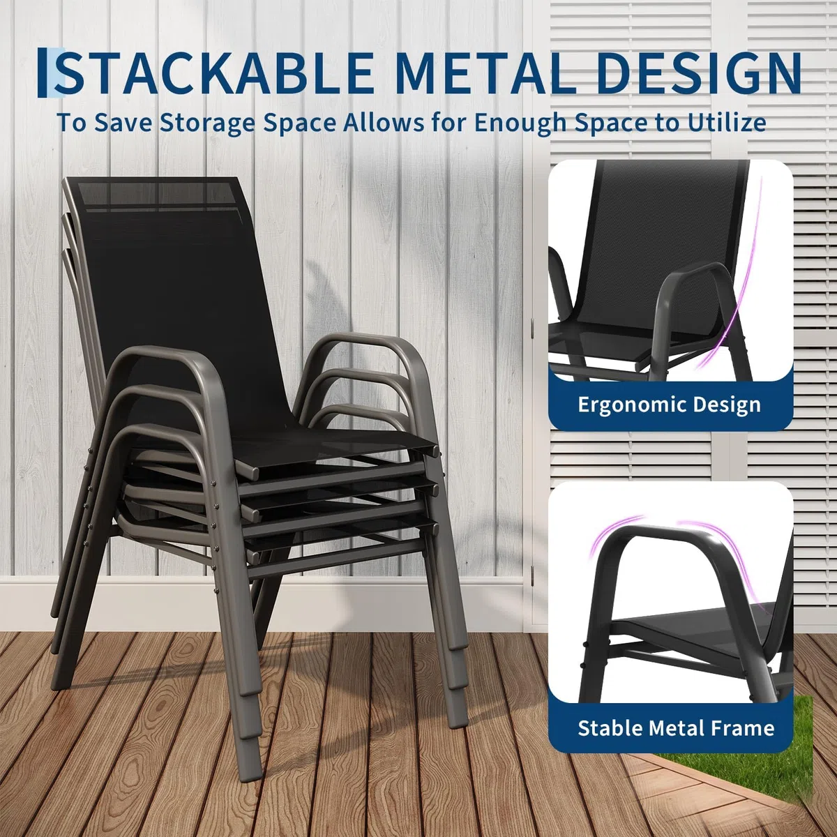Litake Conjunto Sillas Jardin Exterior, 4 Sillas De Comedor para Exterior Metálicas, Soporte hasta 150 kg, Pintura Anticorrosiva, Tela Doble, Transpirables, Apilables, Estilo Clásico Sencillo,Negro