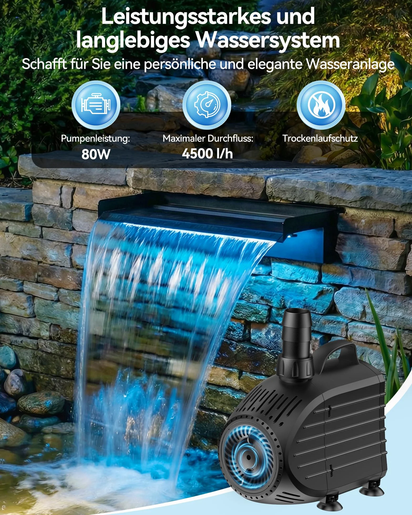 POPOSOAP Kit de Cascada para Estanque, Desagüe de Acero Inoxidable 60cm, Bomba de Agua 4500 L/h, Luces LED con Mando a Distancia y Tubo Corrugado 3m, Adecuado para Estanques Exteriores hasta 12 m²
