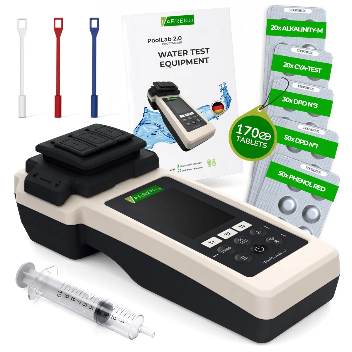 PoolLAB 2.0 Special Edition - Comprobador de agua electrónico (fotómetro) para piscina, Bluetooth, incluye 70 + 100 pastillas de prueba, mezcla de relleno cloro pH Phenol rojo ácido cianúrico
