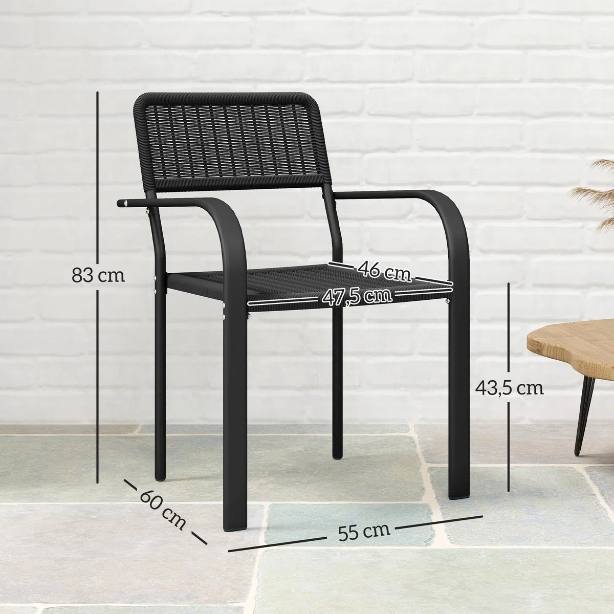 Outsunny Juego de 4 Sillas de Jardín Exterior Apilables, Sillas de Comedor Exterior Efecto Ratán, con Reposabrazos, Marco de Acero, Resistente a la Intemperie y Ligero, 55x60x83 cm, Negro