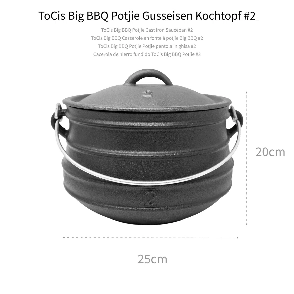 Platpotjie "Beefalo" #2 de hierro fundido, Cazuela tradicional sudafricana de hierro fundido, una variación del horno holandés con tapa y patas, Capacidad: 6 litros