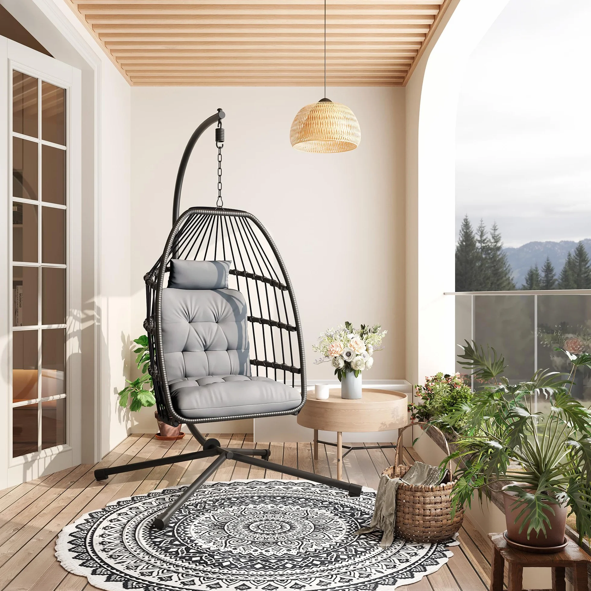Xbro Silla Colgante de Exterior, Silla Colgante Huevo con Estructura de Acero y 4 Pies en Base, Columpio Jardin Exterior/Interior, Plegable, Capacidad 160Kg - Gris