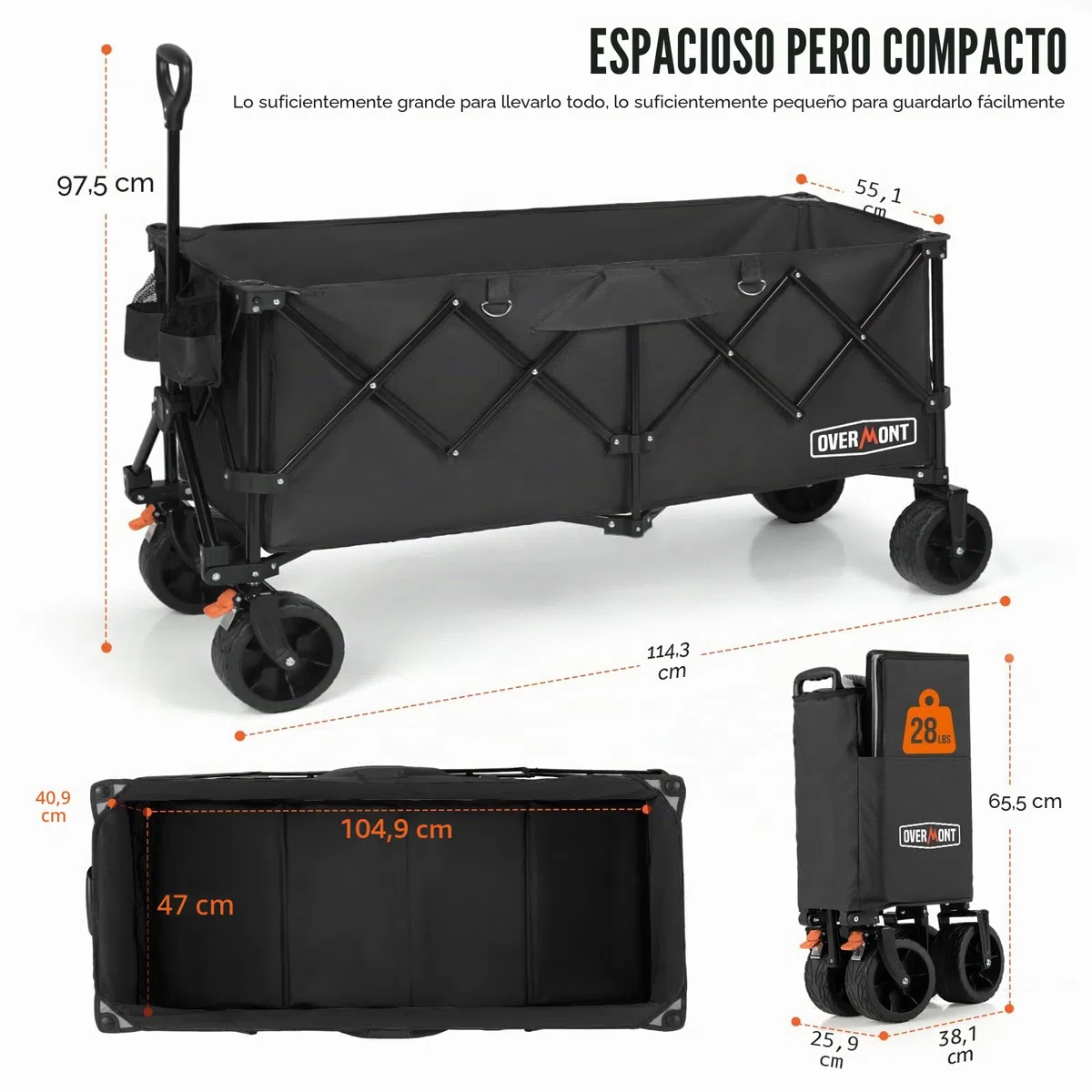 Overmont Carro Playa Plegable - 114CM Carrito Camping Plegable Extendido con Frenos - 250L 200KG Carro de Transporte con Ruedas Grandes Todo Terreno - Carro Portátil para Jardín Compras al Aire Libre