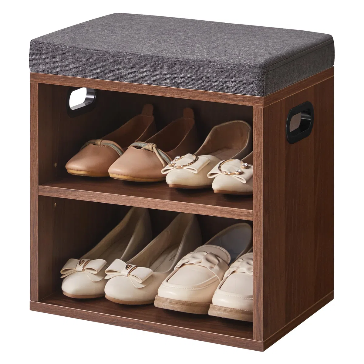 YMYNY Banco Zapatero con Asiento de 2 Niveles, Zapatero pequeño, Estante Regulable en 3 Alturas para Sala de Estar, Pasillo, Dormitorio, 42 x 39 x 28 cm Nogal Claro - HBD028LW