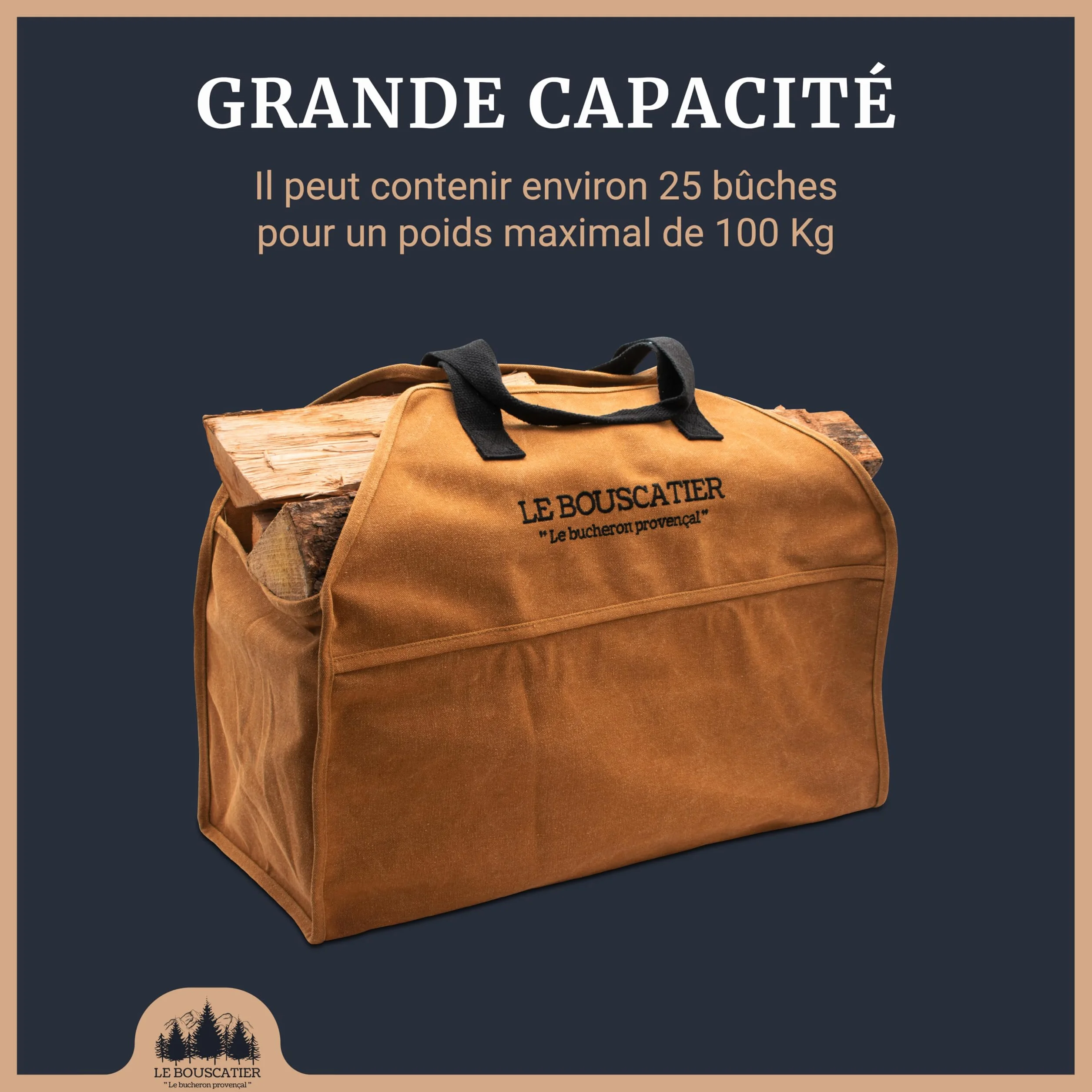 Bolsa de transporte de leña, resistente y resistente para troncos, 60 x 46 x 26 cm de 50 L. Cesta multiuso extragrande, accesorio para estufa, chimenea inserto o brasero barbacoa (Camel)