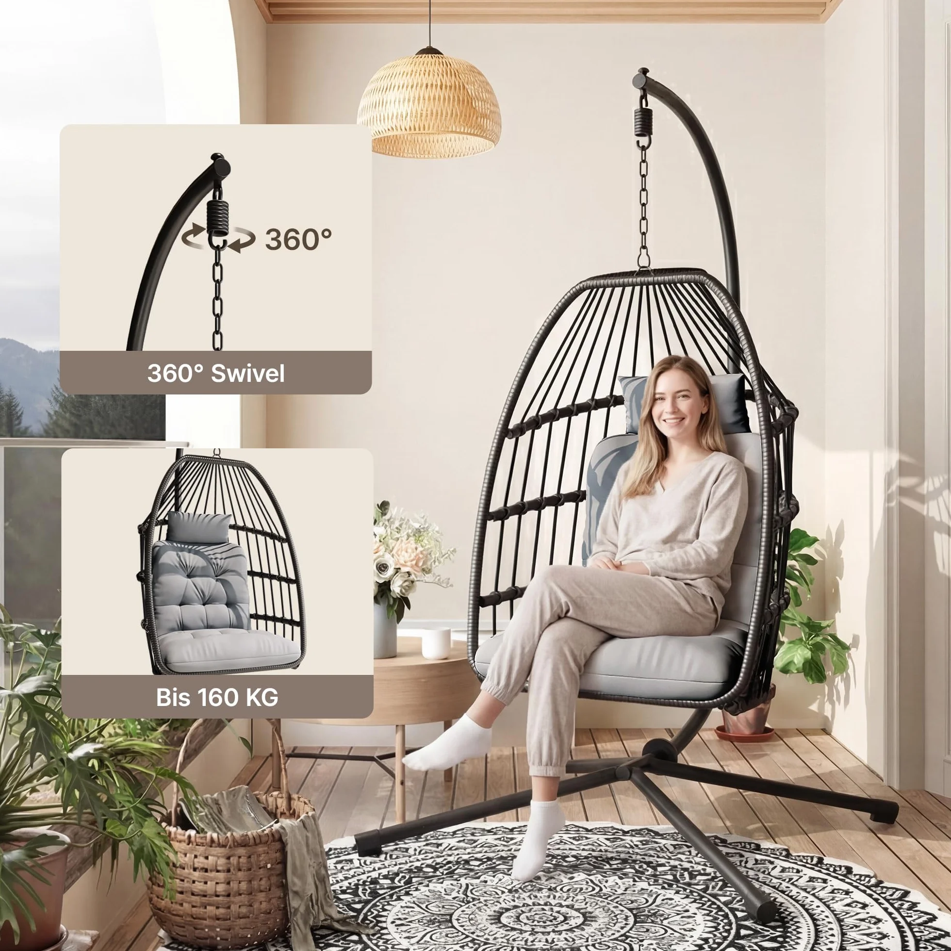 Xbro Silla Colgante de Exterior, Silla Colgante Huevo con Estructura de Acero y 4 Pies en Base, Columpio Jardin Exterior/Interior, Plegable, Capacidad 160Kg - Gris