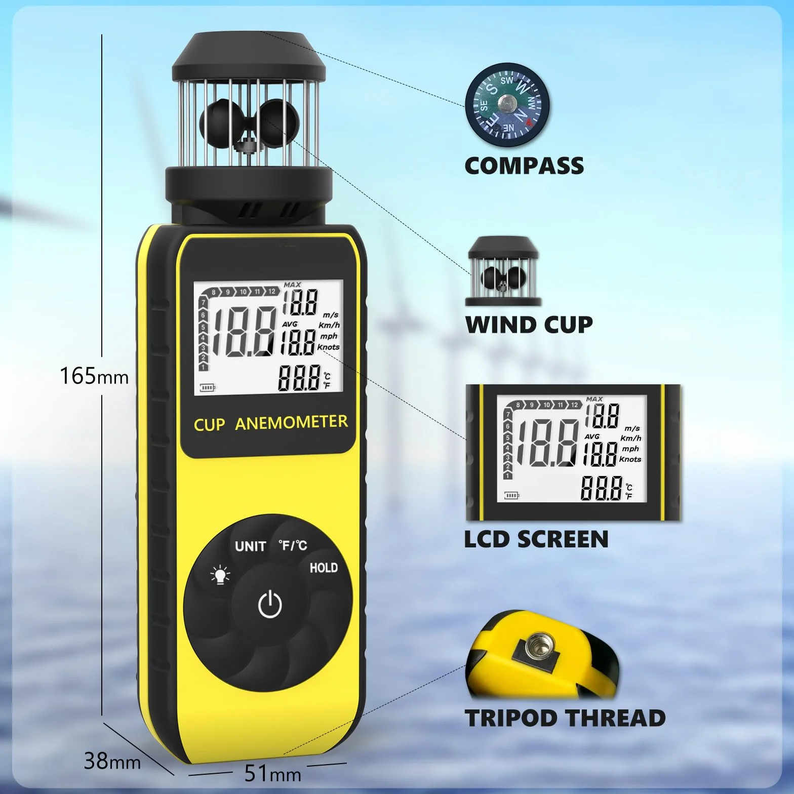 Wind Cup Anemómetro para Exterior, Digital Medidor de Velocidad Viento 0.7~42m/s con MAX/AVG Modos & Prueba de Temperatura del Viento, Wind Speed Meter con Brújula para Drones Vela Surf