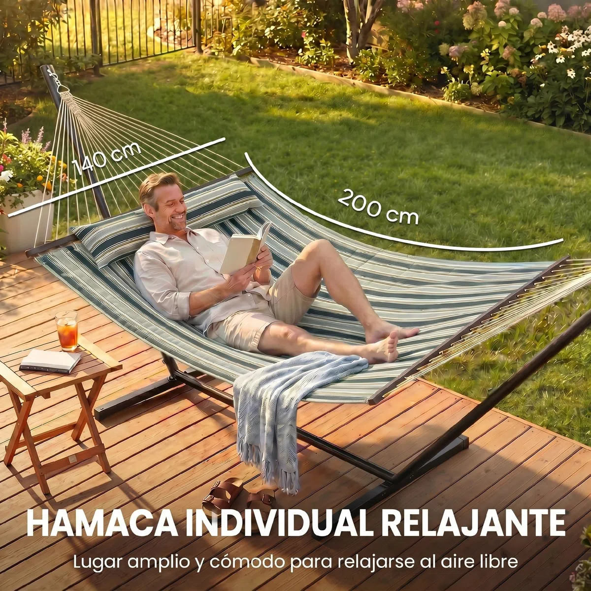 Outsunny Hamaca con Soporte, Hamaca de Jardín Portátil con Almohada Desmontable, Barras Separadoras, Marco de Acero, Carga 120 kg, para Patio, Terraza, Diseño Rayas, 353x94x115 cm, Verde