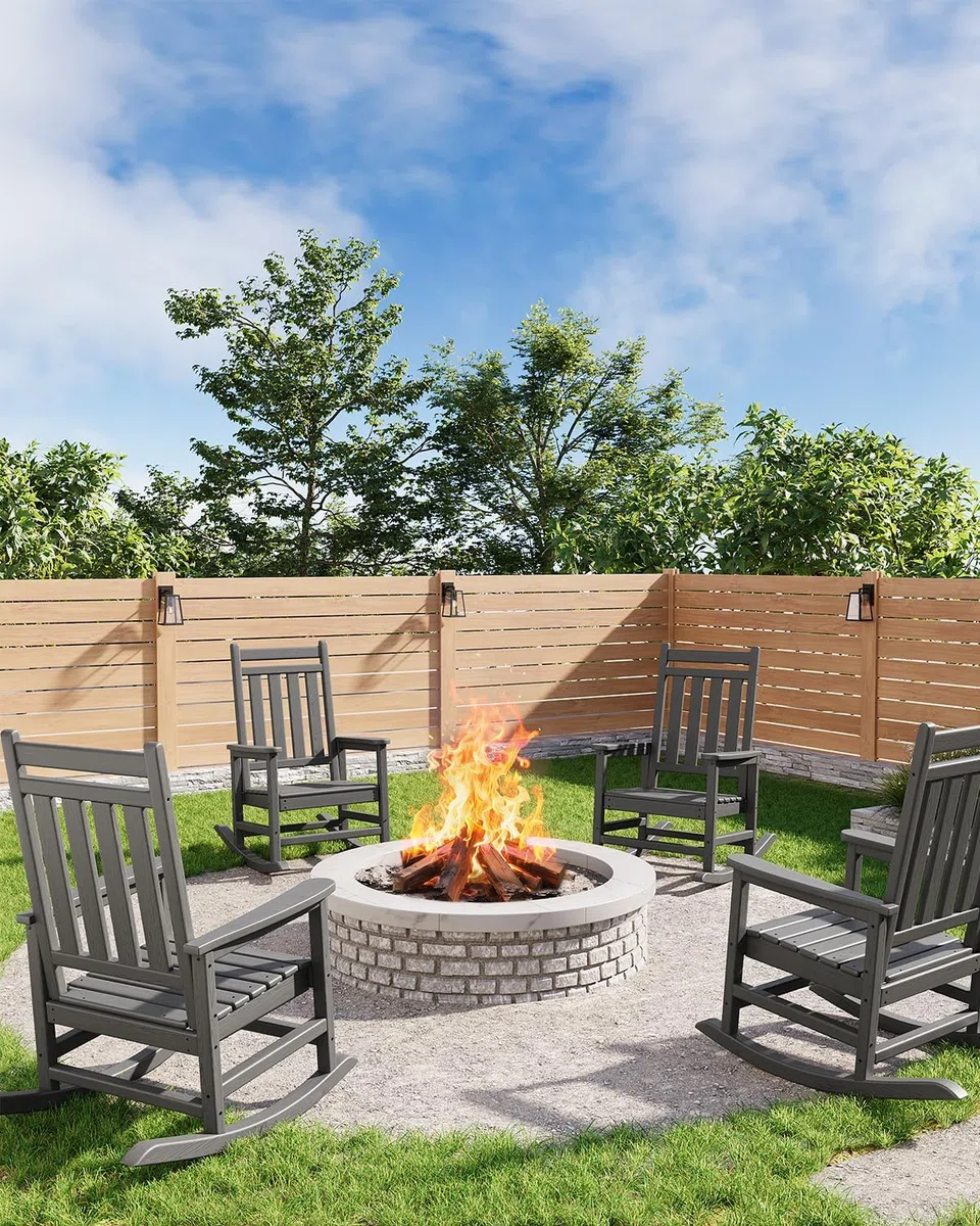 Garvee Mecedora de Jardín de HDPE Silla Balancín Exterior con Respaldo Cuadrado 4 Listones Textura de Madera para Terraza Porche Patio Sillón Relax Ergonómico Resistente 74x85x113 cm Gris