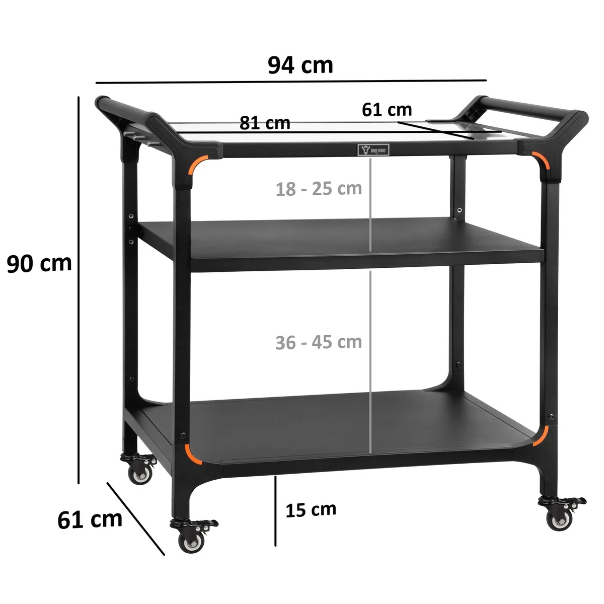 BBQ-Toro Carrito de barbacoa, color negro, mesa de barbacoa con gran superficie de trabajo, mesa auxiliar, parrilla exterior, carrito de barbacoa para exteriores, carrito de servir (3 estantes (94 x