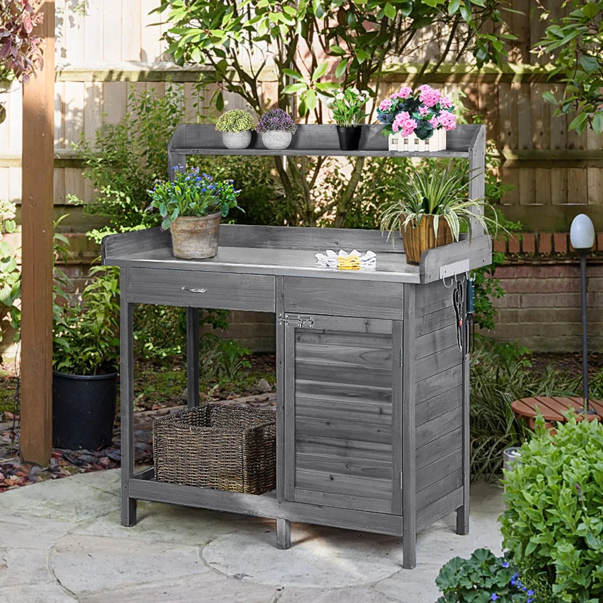 Yaheetech Mesa de Jardinería con cajón Estante Armario de Mesa Plantación 112 x 46,5 x 125 cm Gris