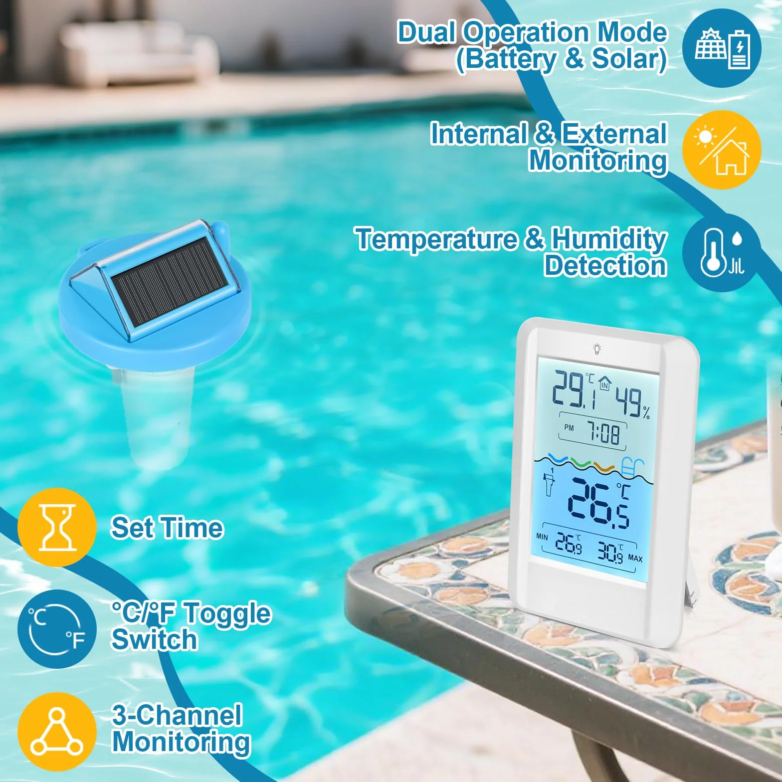 PATEMZON Termómetro Piscina Solar, Termómetro Piscina Connecté, Termometro Piscina Sin Fil Flottante con Récepteur Radio LCD, Accessoire Piscine pour Aquarium, Étang à Poissons