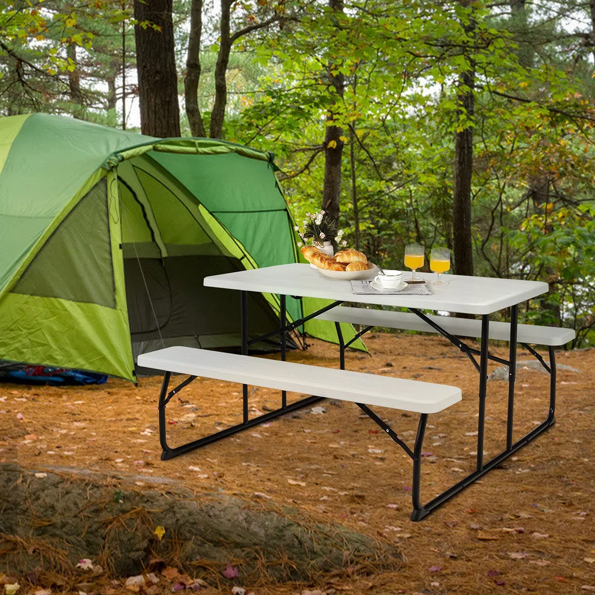 KOMFOTTEU Juego de Mesa y Sillas de Picnic Plegable, Juego de Muebles de Cerveza de 3 Piezas con 1 Mesa y 2 Bancos, Juego de Camping Portátil para Exteriores con Marco Metálico