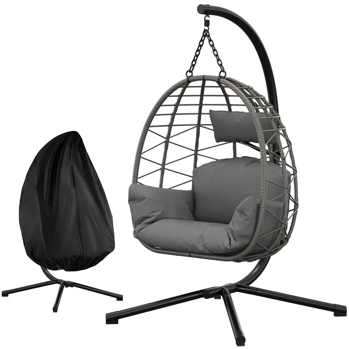 Litake Silla Colgante para Exterior y Jardín - Estructura Completamente Metálica - Silla Huevo con Soporte, Soporta hasta 150 kg - con Cojines Cómodos, Ideal para Jardín, Balcón y Patio, Gris