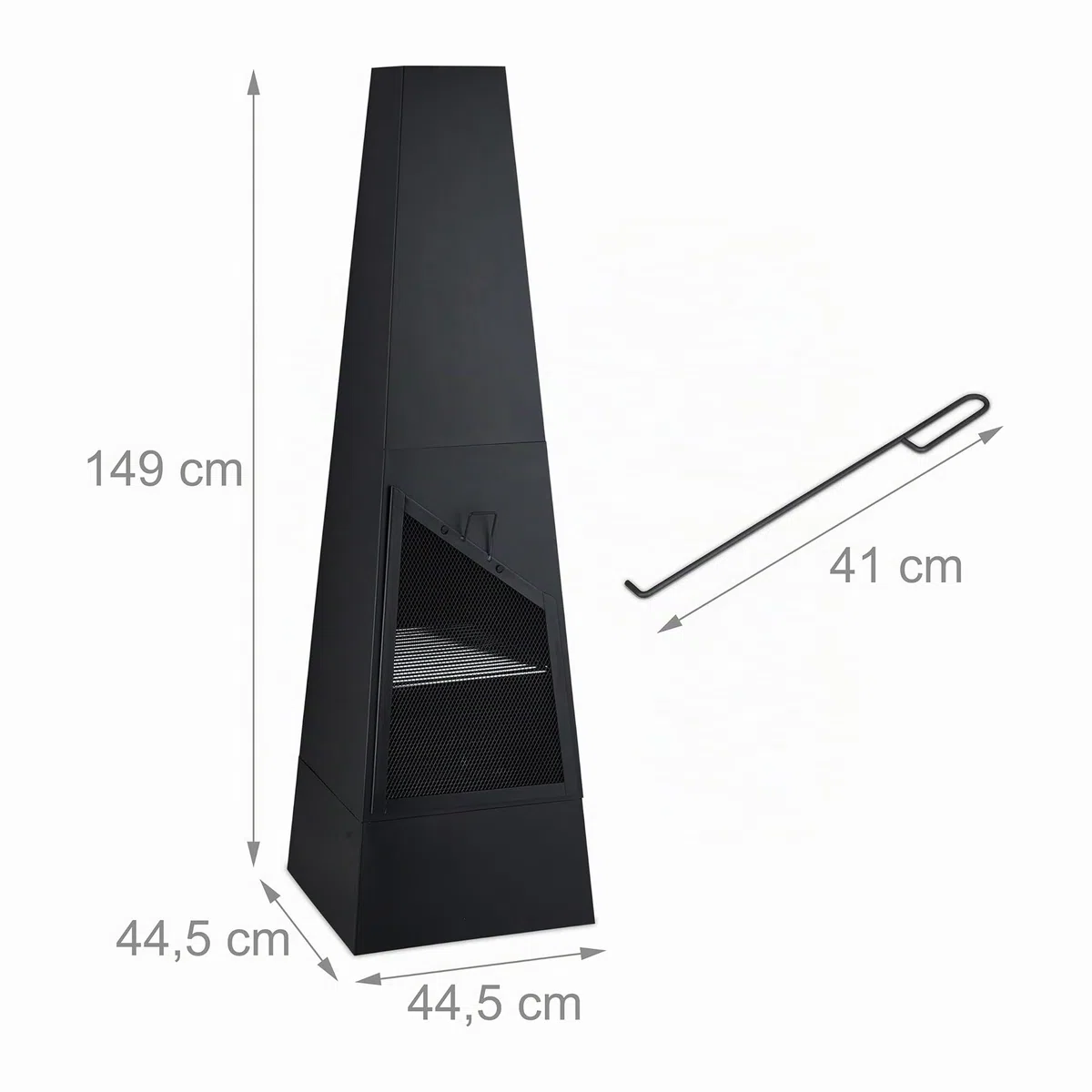 Relaxdays Chimenea Exterior con Barbacoa, Caja Cenizas, Salvachispas, Atizador, Parrilla Jardín, 149x44,5x44,5 cm, Negro