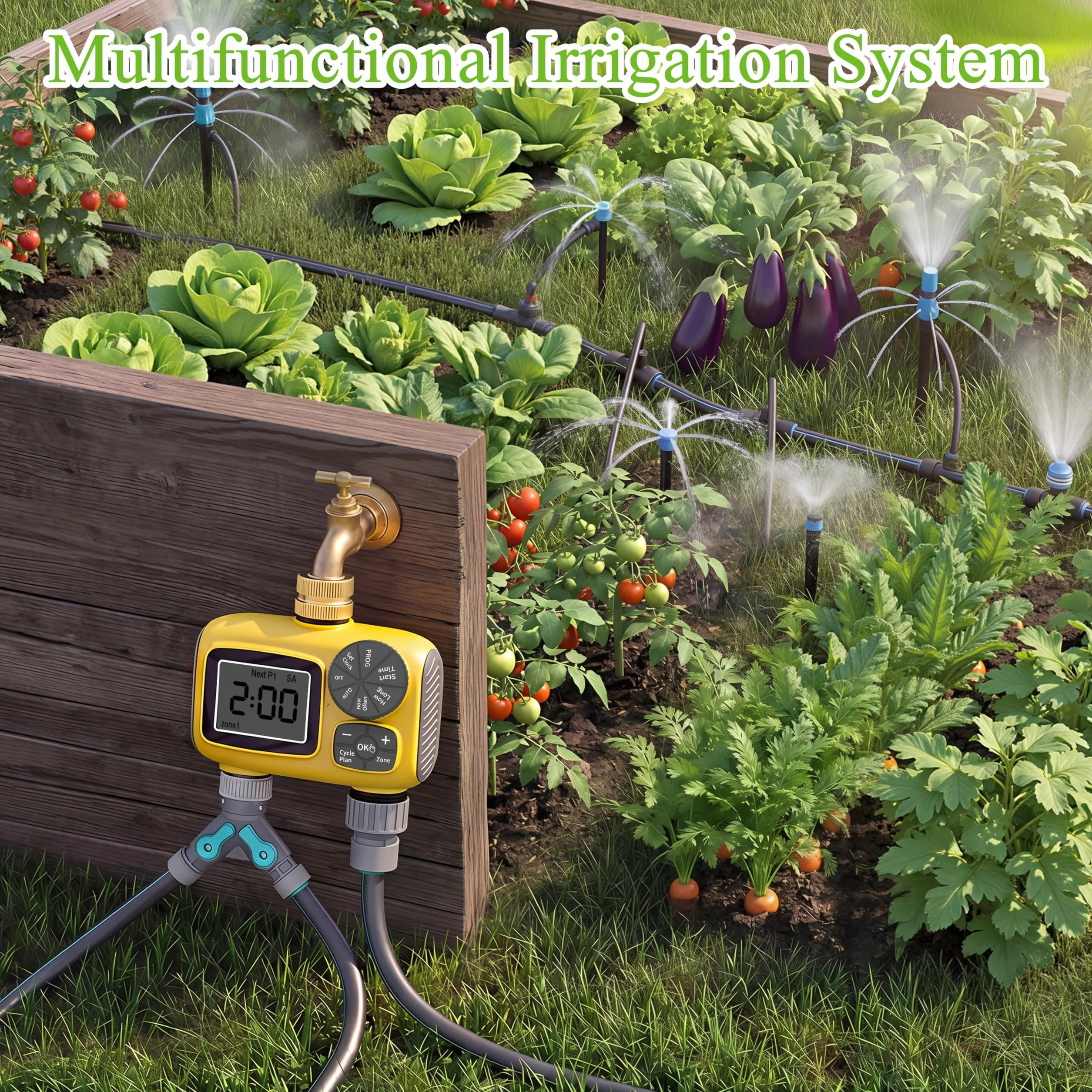 Kit de Sistema de Riego por Goteo con Temporizador Automático de Agua de 2 Zonas con Pantalla LCD,Temporizador de Riego con Nuevo Conector Rápido Antifugas para Jardín,Césped