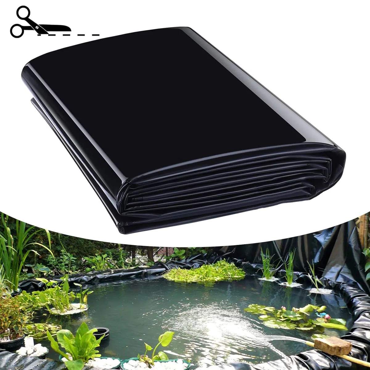 Revestimiento de Estanque de HDPE, Revestimiento de Caucho Negro para Estanque, 2x5m, 6x5m, 8x7m, 10x9m, para paisajismo, Cascadas y estanques pequeños