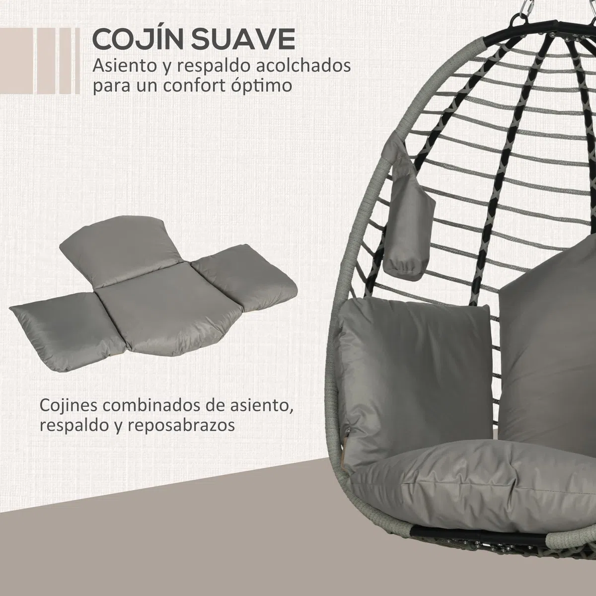 Outsunny Silla Colgante Huevo con Soporte Columpio de Jardín Exterior con Cesta Plegable Reposacabezas Cojín Bolsillo Lateral Columpio Colgante para Interior y Exterior Carga 120 kg Gris
