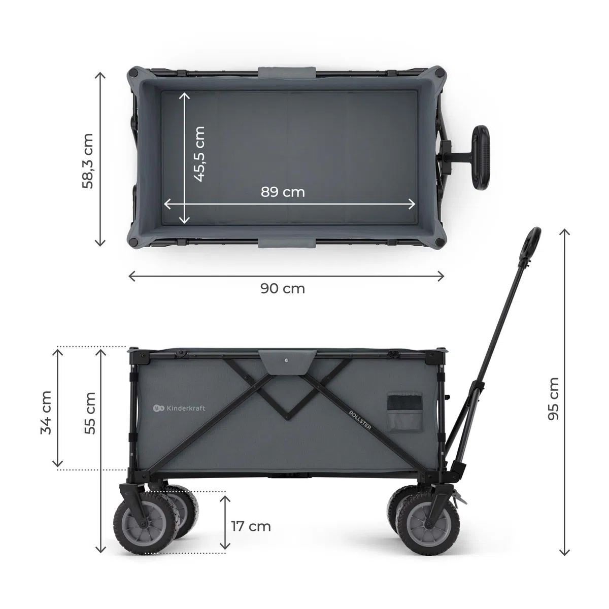 Kinderkraft ROLLSTER, Carro de Transporte Plegable, Capacidad de 130 litros, Capacidad de Carga de 100 kg, Peso Ligero de 10,3 kg, Gris
