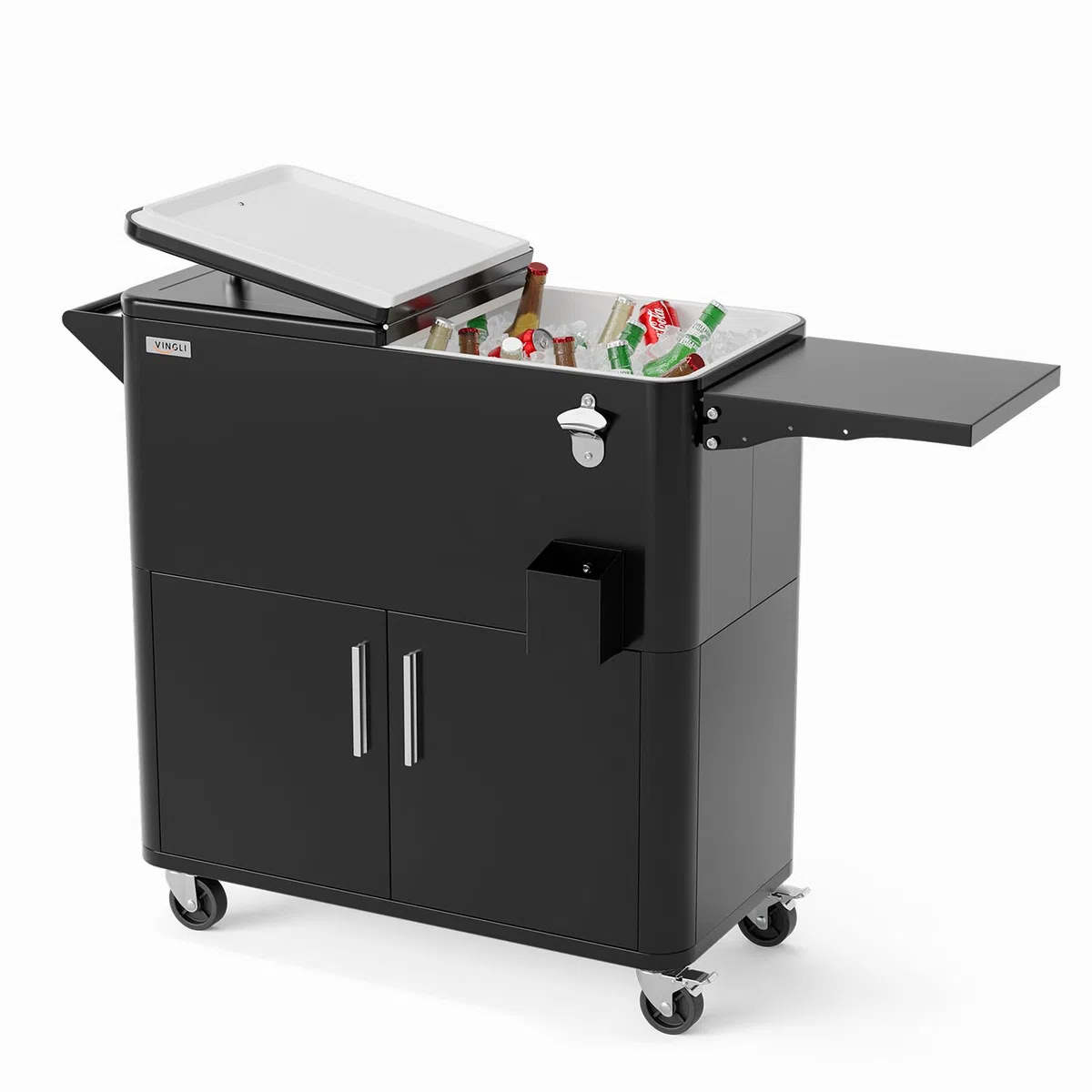 Bonnlo Carrito Nevera con Ruedas 76 L, Enfriador de Bebidas con Mesa Lateral y Abrebotellas, Nevera Exterior para Patio, Jardín, Camping y Playa, Negro