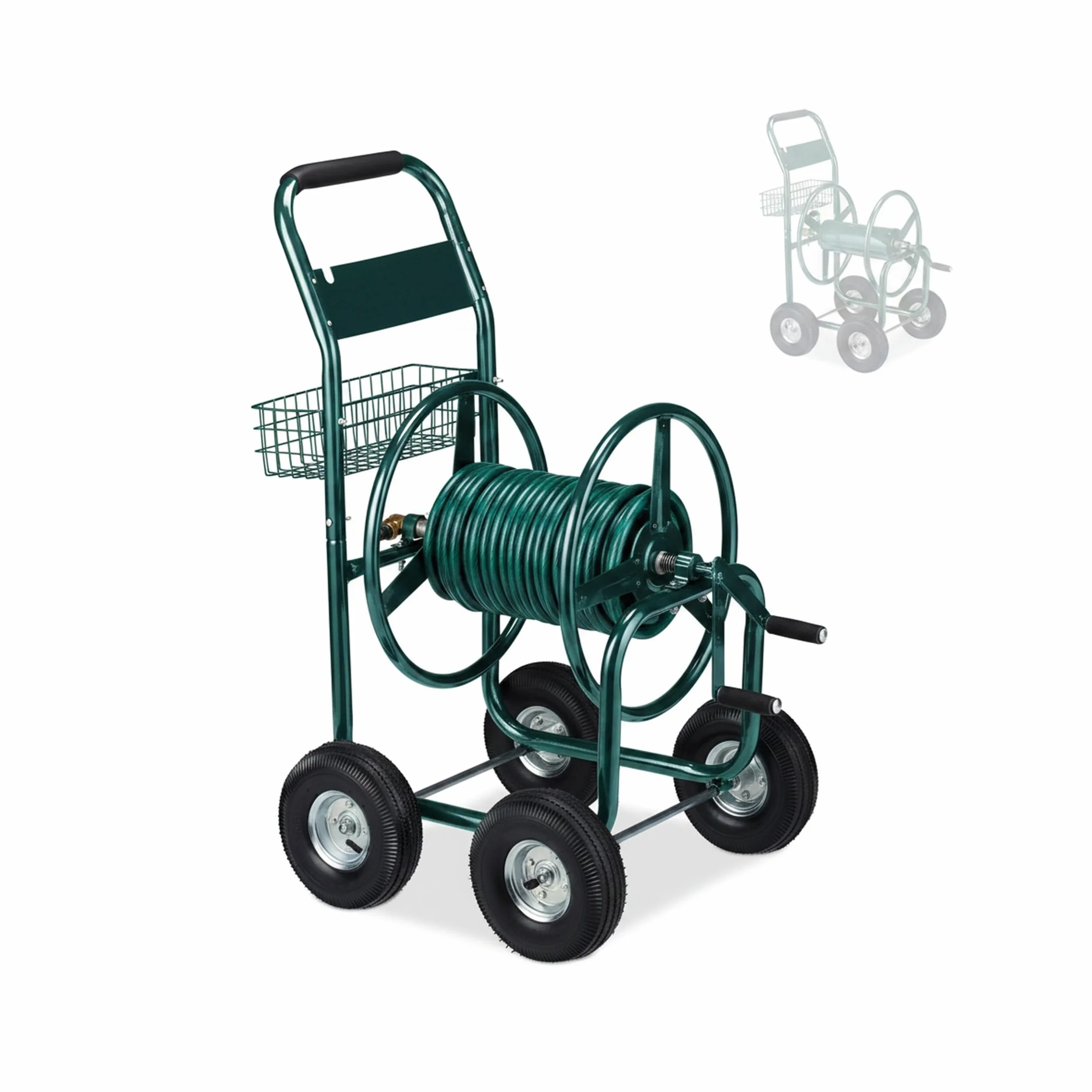 Relaxdays Carro Portamangueras, hasta 90 m, Acoplamiento por Clic, 4 Neumáticos, Cesta, Soporte Mangueras Metal, Verde