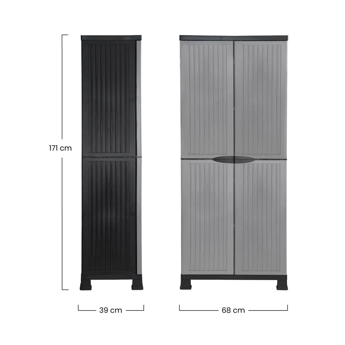 THINIA HOME - Armario de Resina Alto Almacenaje Escobero, Exterior e Interior, Jardín y Terraza, 4 Baldas, 2 Puertas, 60kg Carga Máxima, Dimensiones 39x68x171cm (Largo x Ancho x Alto), Gris o Negro