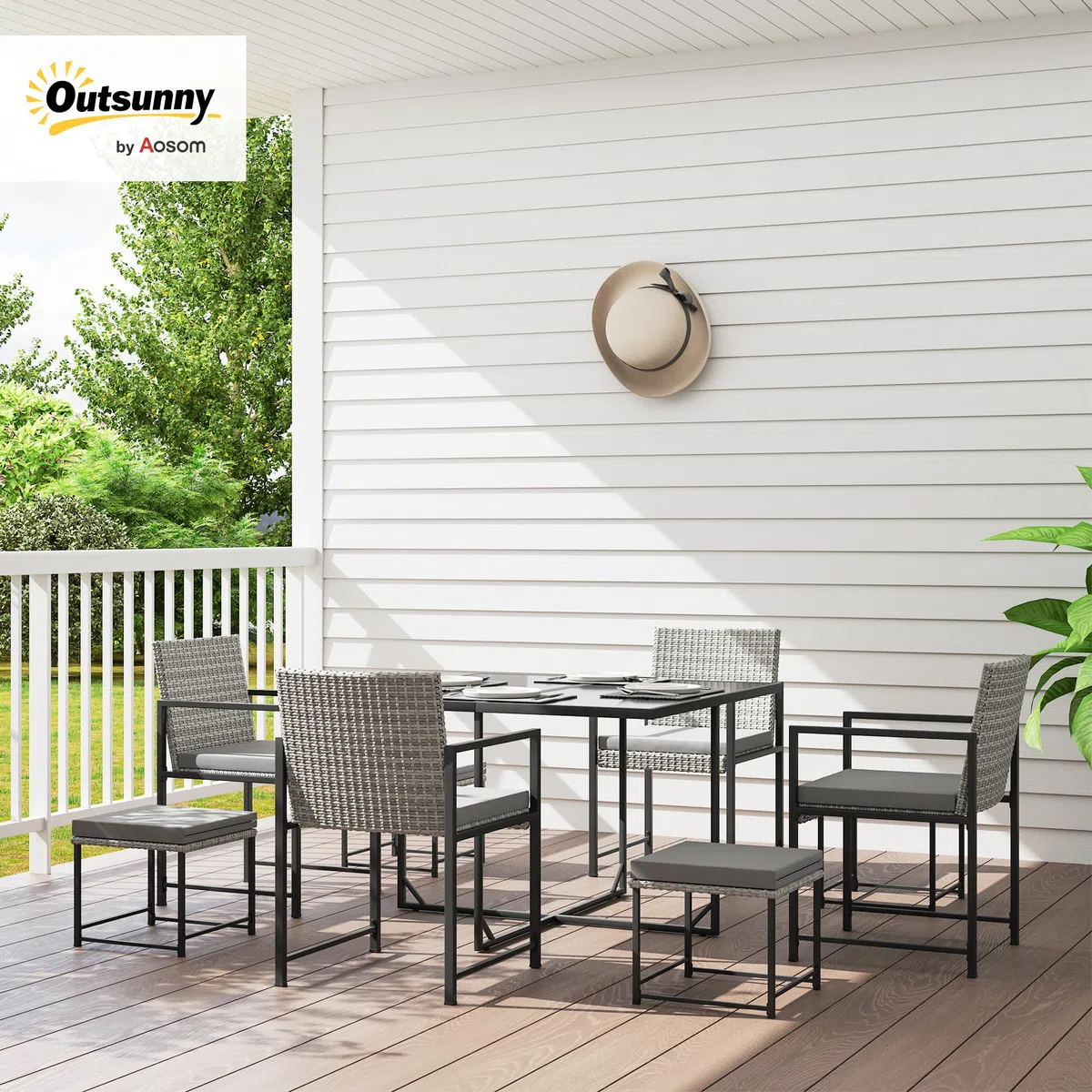 Outsunny Conjunto de Muebles de Jardín Exterior de Ratán de 9 Piezas Conjunto de Jardin Exterior de Ratán Sintético con Mesa con Vidrio Templado 4 Sillas 4 Taburetes Impermeables Cojines Gris