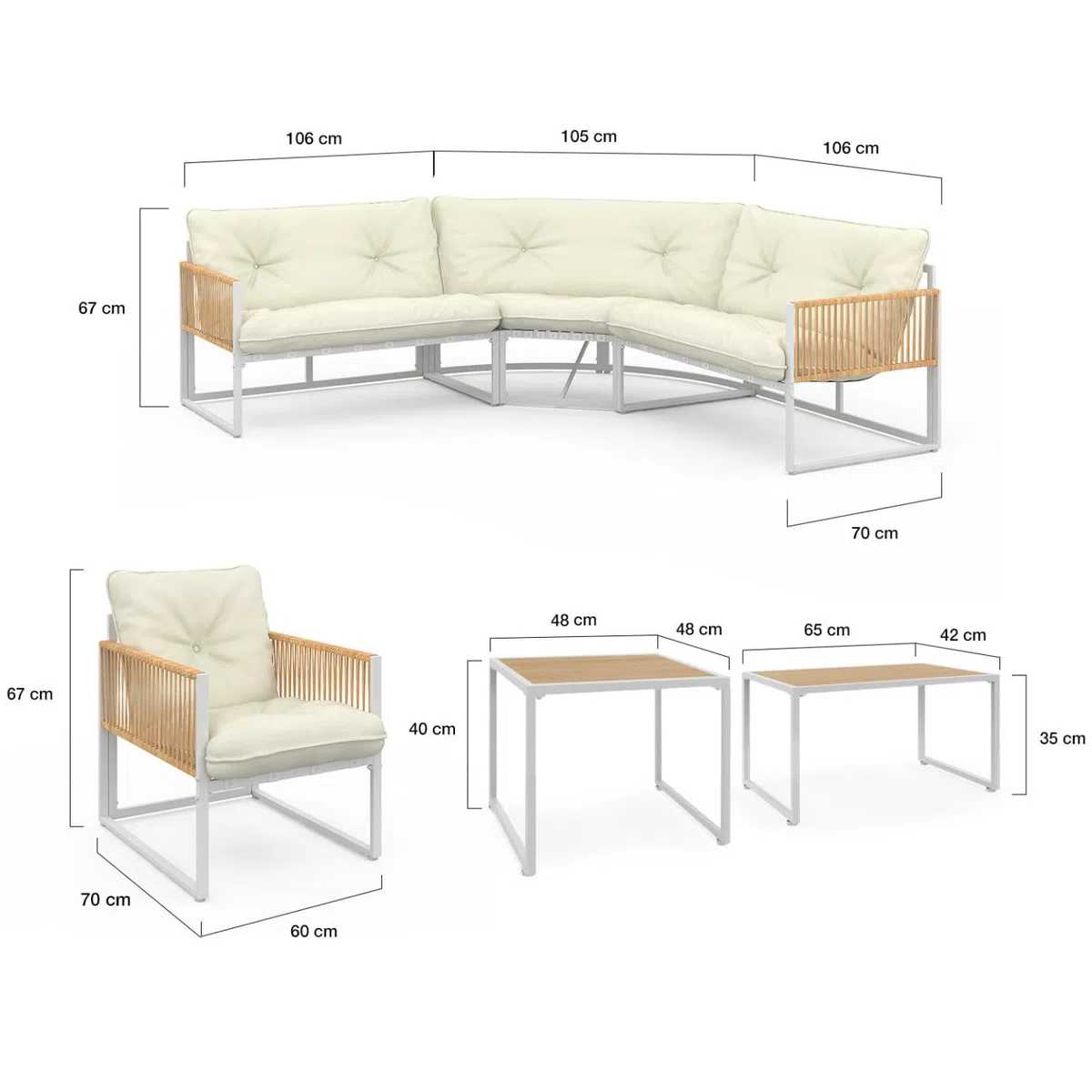 IDMarket - Juego de muebles de jardín bajo Rio de 8 plazas, estructura de metal blanco y cuerda efecto ratán con cojines beige