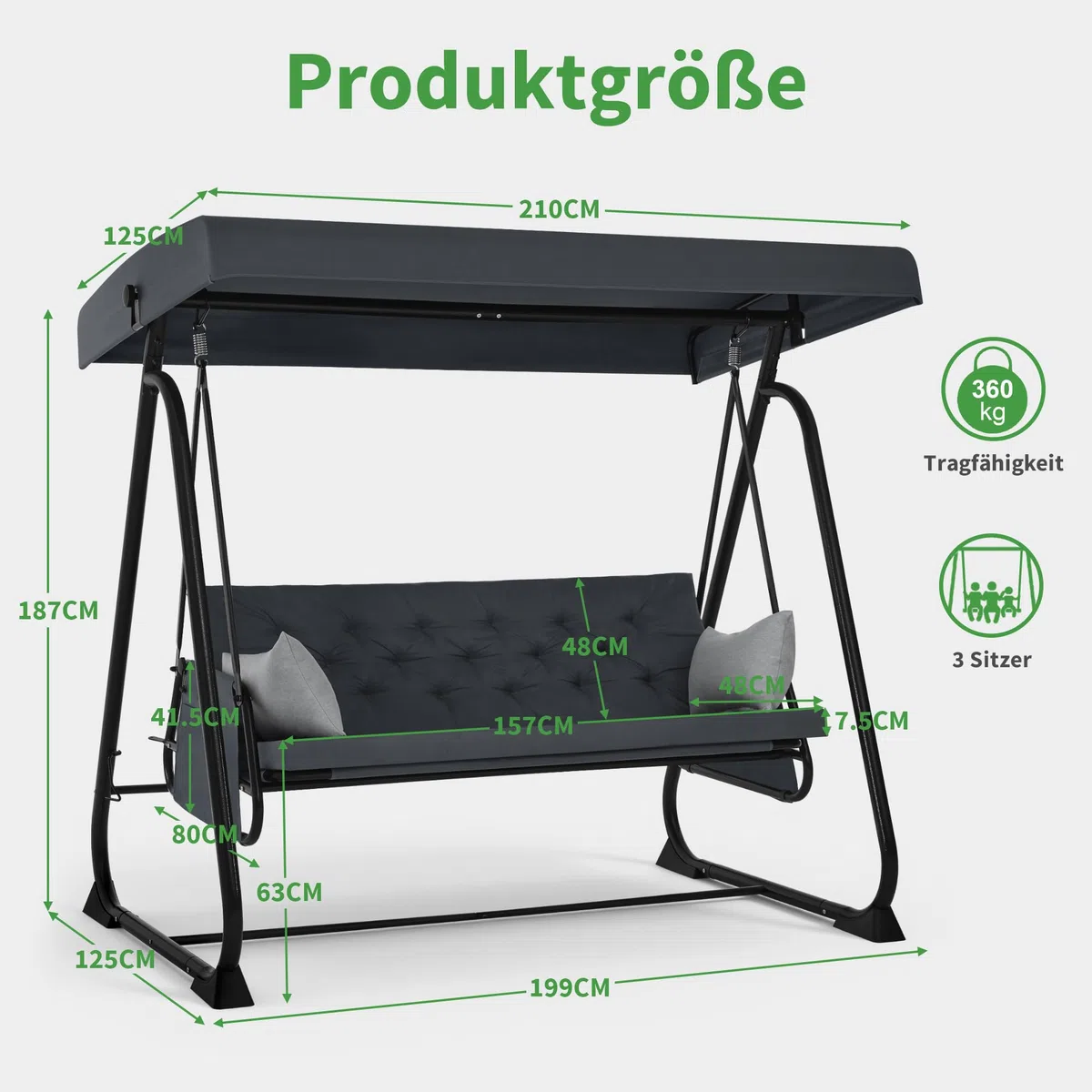 M MCombo Balancín de 3 plazas con función de Cama, Cojín Extra Grueso & Ganchos silenciosos, Capacidad 360 kg, 210x125x187 cm, Banco de jardín Resistente a la Intemperie 4071 (Gris Oscuro)