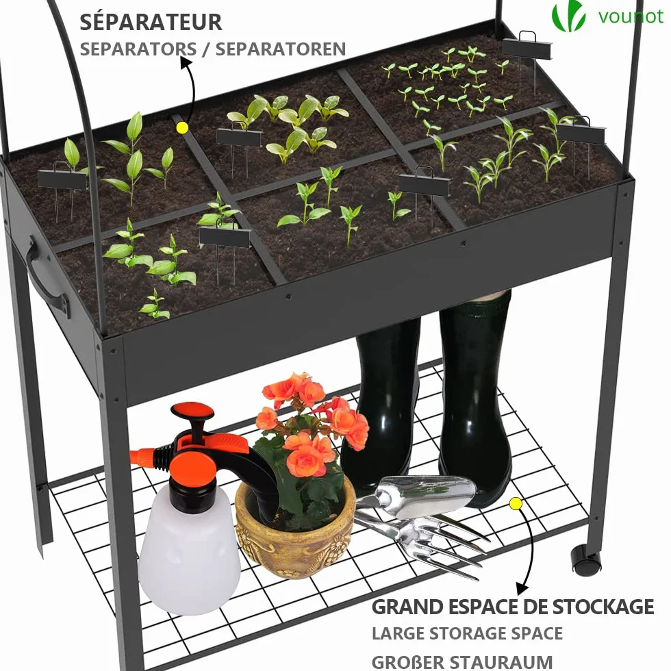 VOUNOT® Huerto Urbano Terraza Mesa de Cultivo Cubierta de Protección, Jardinera Elevada con Ruedas Asa Lateral y Estante Inferior, para Plantas Flores Verduras Jardín Interior Exterior, Negro