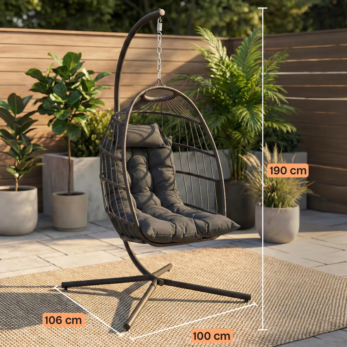 SereneLife Silla Huevo Colgante, con Soporte, Columpio, Estructura de Mimbre y Acero, Capacidad de hasta 250kgs