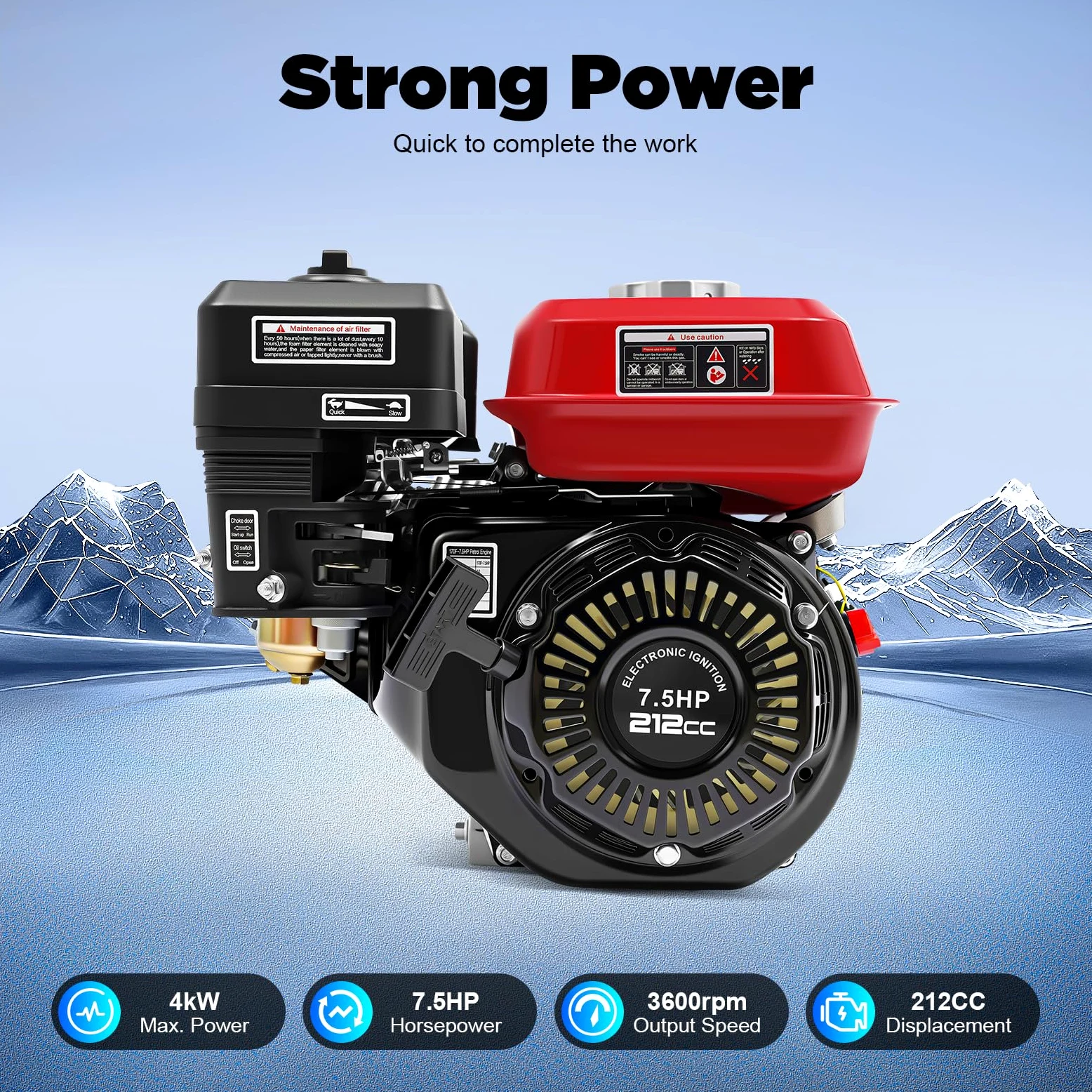 Motor de cuatro tiempos, 4000W, 7.5HP, 3600rpm motor gasolina, motor industrial de 4 tiempos, motor de 1 cilindro con eje de 20 mm de diámetro, alarma de aceite, OHV, eje horizontal