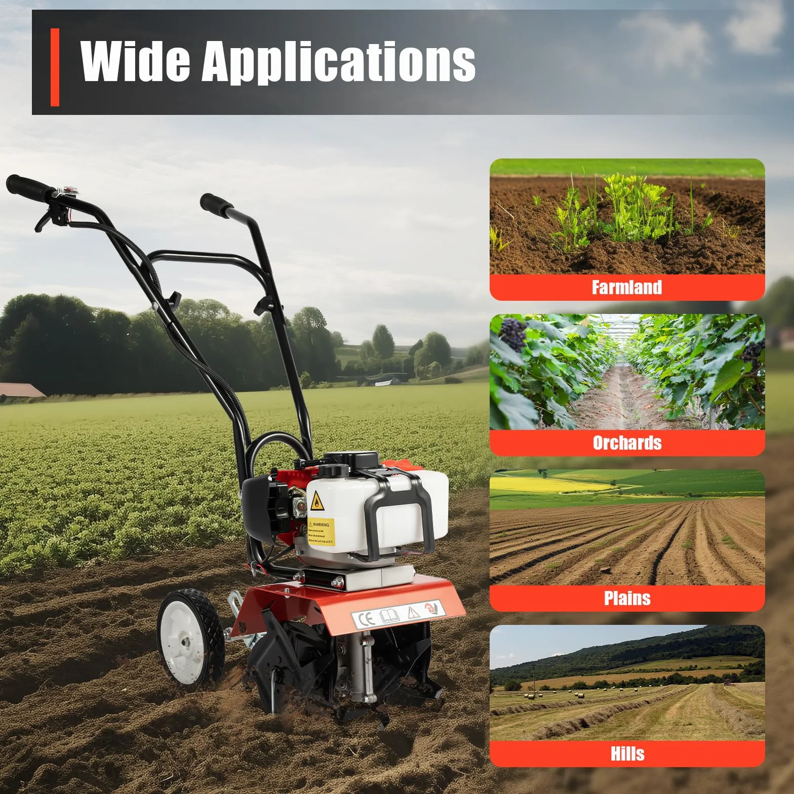 2Stroke - Rotavator cultivador de gasolina de 52 cc para jardín, tierra y verduras, motor de césped, rotovador de gas, herramienta de labrado de granja, 6500 rpm