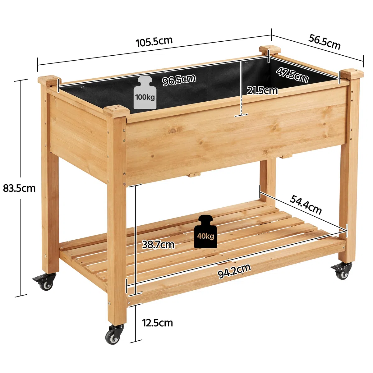 Yaheetech Huerto Urbano Elevado de Madera de Abeto Mesa de Cultivo de 2 Niveles con Ruedas Desmontables, Forro no Tejido, Ideal para Flores y Vegetales Marrón Claro 105 x 56 x 83 cm