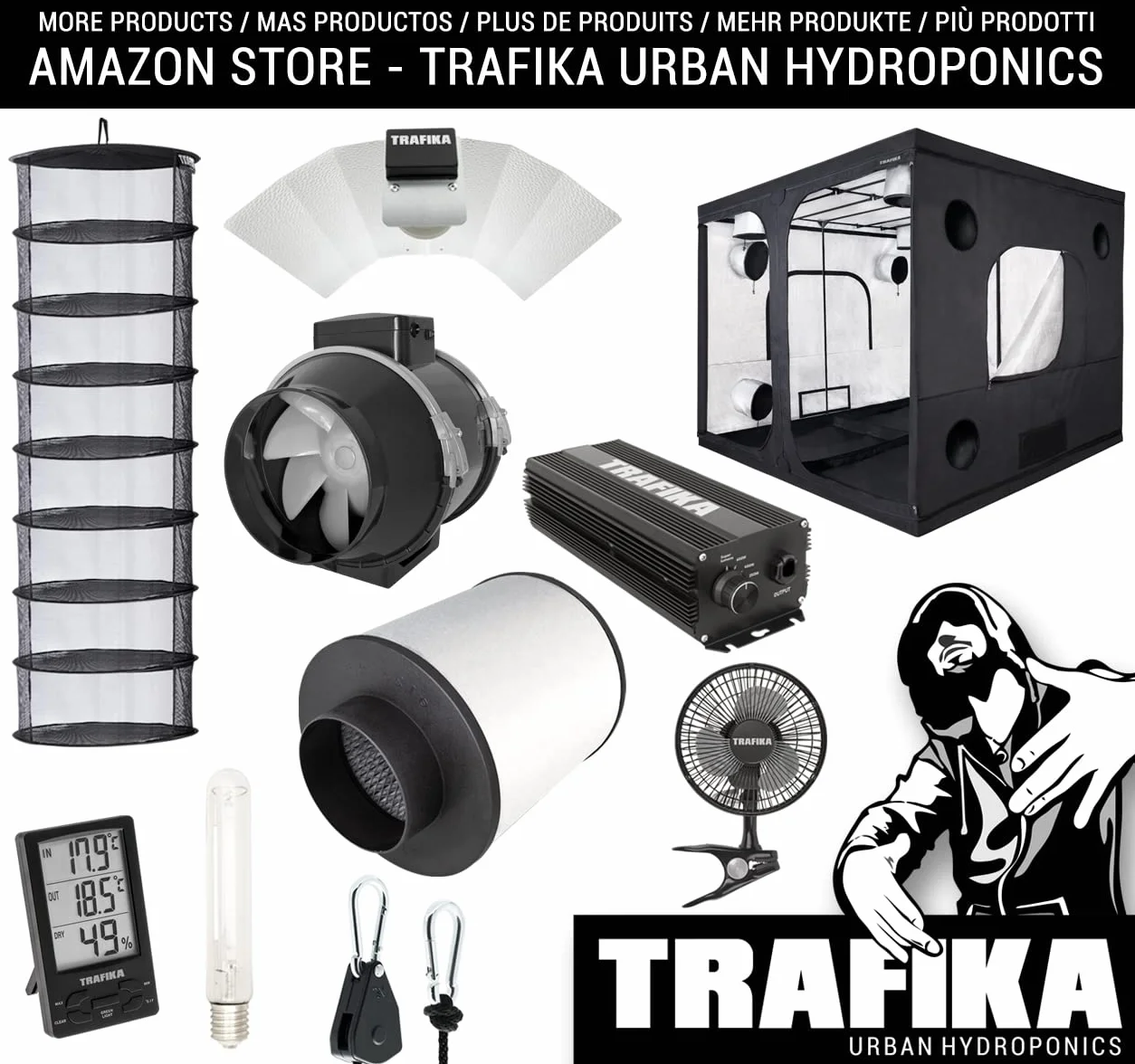 TRAFIKA Kit Extractor Cultivo 100mm/250m3h Filtro CARBÓN+Extractor DE Aire TT100 (2 velocidades)+5M COMBIDUCT+LIGHTHANGERS (5KG)+POLEAS (64KG) / Kit EXTRACCIÓN Cultivo/Extractor Aire Cultivo