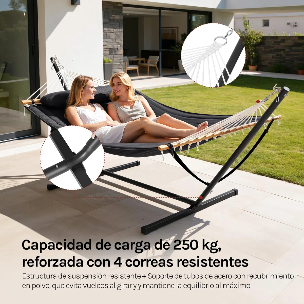 WOLTU Hamaca 2 Personas con Soporte de Metal, Hamaca Columpio para Jardín Exterior, Capacidad 250 kg, con Reposacabezas y Bolsa de Transporte, Antracita