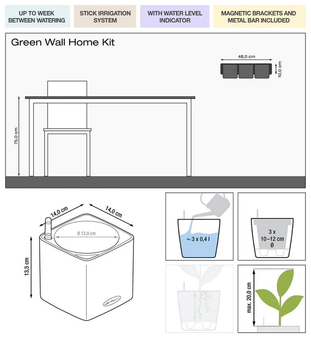 LECHUZA Maceta de riego automático, Kit de Pared Verde, Maceta Colgante de Color con indicador de Nivel de Agua, 14 x 48 x 15 cm, Color Blanco